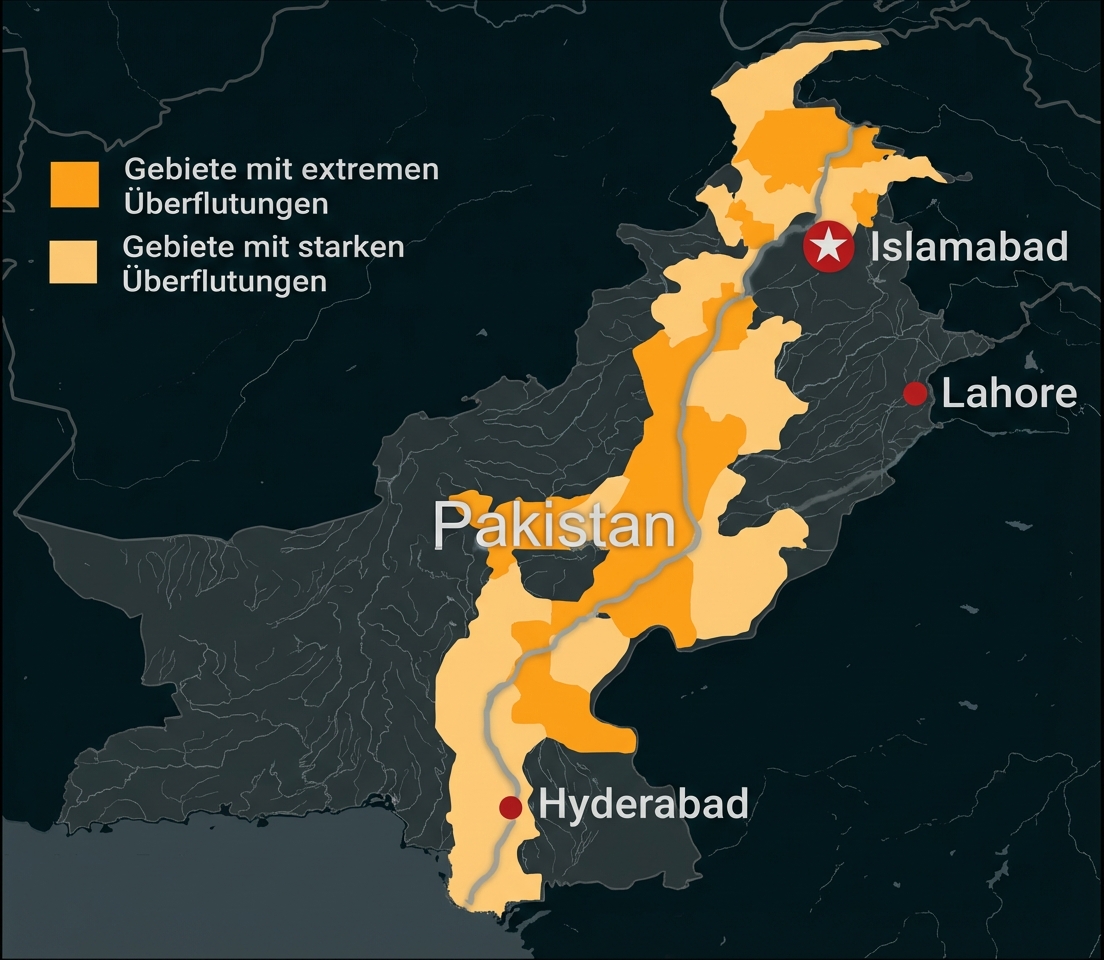 Karte von Pakistan mit markierten Überschwemmungsgebieten und Städten Islamabad, Lahore und Hyderabad.